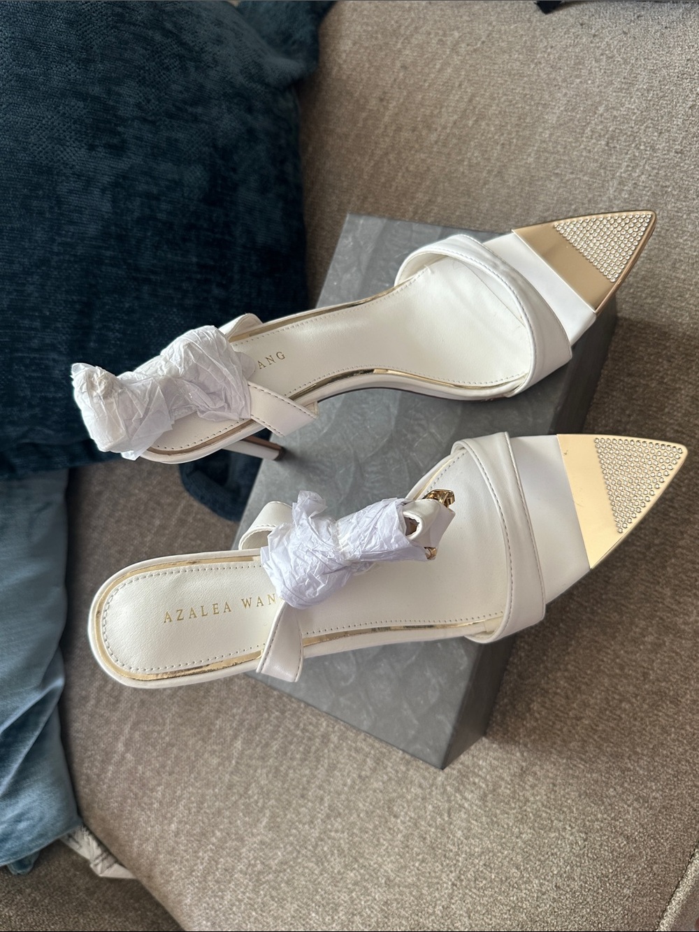 White Pointed Toe Heels with Gold Toe Cap